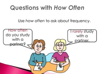 Use how often to ask about frequency. 
How often 
do you study 
with a 
partner? 
I rarely study 
with a 
partner. 
 