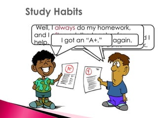 Well, I always do my homework, 
and I often ask the teacher for 
help. I got aI gn o“tA a+n.” “F” again. 
You got an “A+” 
again!?!? How do 
Hmmm… Well, I am 
Maybe I need to try 
your study habits. 
usually late for class, and I 
never you do my do homework. 
it? 
 