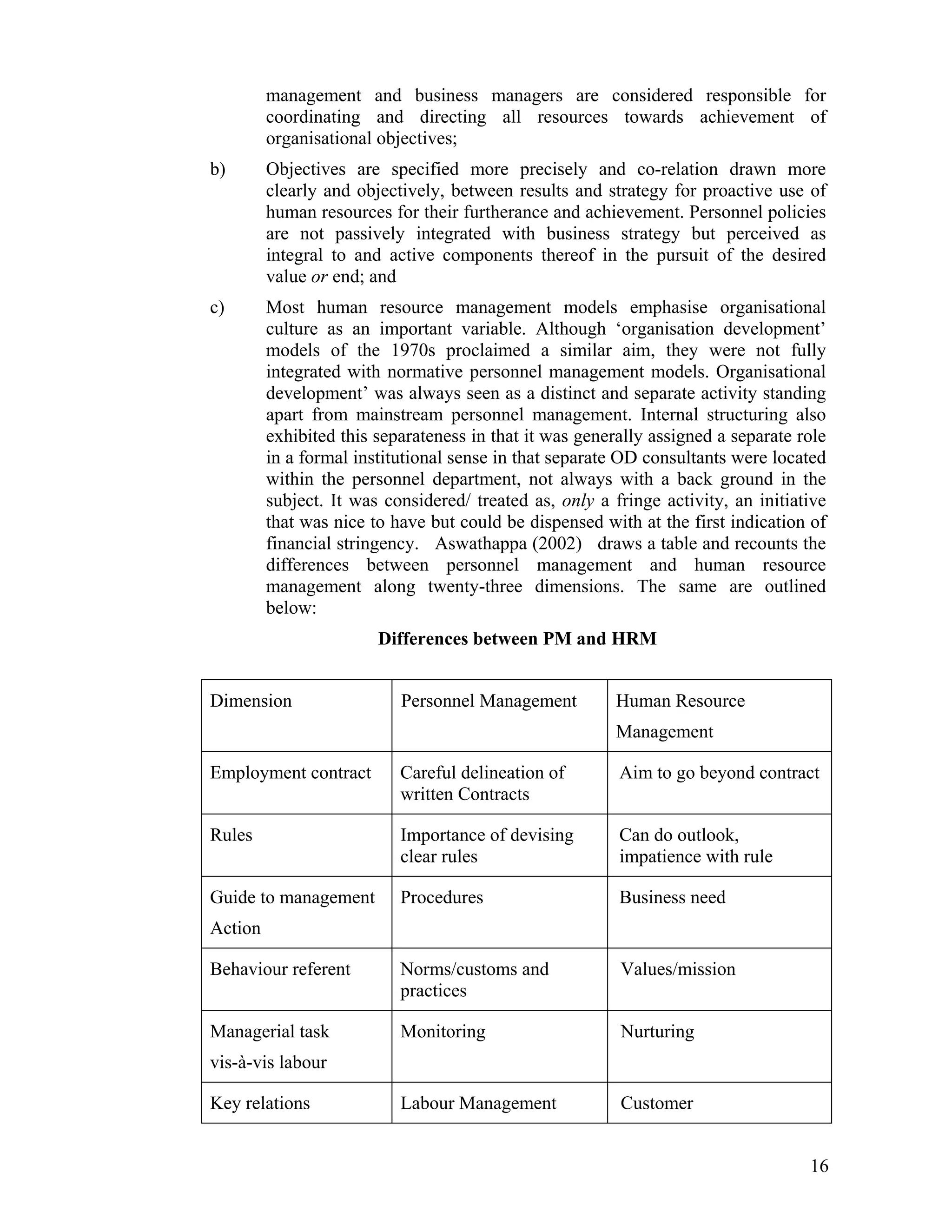 management and business managers are considered responsible for coordinating and directing all resources towards achievement of organisational objectives; 
b) Objectives are specified more precisely and co-relation drawn more clearly and objectively, between results and strategy for proactive use of human resources for their furtherance and achievement. Personnel policies are not passively integrated with business strategy but perceived as integral to and active components thereof in the pursuit of the desired value or end; and 
c) Most human resource management models emphasise organisational culture as an important variable. Although ‘organisation development’ models of the 1970s proclaimed a similar aim, they were not fully integrated with normative personnel management models. Organisational development’ was always seen as a distinct and separate activity standing apart from mainstream personnel management. Internal structuring also exhibited this separateness in that it was generally assigned a separate role in a formal institutional sense in that separate OD consultants were located within the personnel department, not always with a back ground in the subject. It was considered/ treated as, only a fringe activity, an initiative that was nice to have but could be dispensed with at the first indication of financial stringency. Aswathappa (2002) draws a table and recounts the differences between personnel management and human resource management along twenty-three dimensions. The same are outlined below: 
Differences between PM and HRM 
Dimension 
Personnel Management 
Human Resource 
Management 
Employment contract 
Careful delineation of written Contracts 
Aim to go beyond contract 
Rules 
Importance of devising clear rules 
Can do outlook, impatience with rule 
Guide to management 
Action 
Procedures 
Business need 
Behaviour referent 
Norms/customs and practices 
Values/mission 
Managerial task 
vis-à-vis labour 
Monitoring 
Nurturing 
Key relations 
Labour Management 
Customer 
16 
 