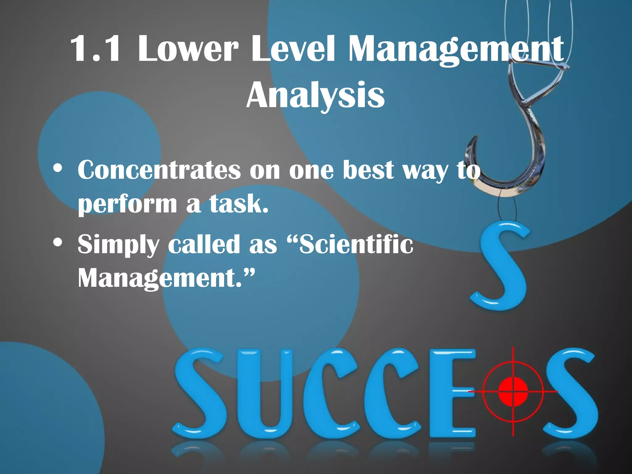 1.1 Lower Level Management
Analysis
• Concentrates on one best way to
perform a task.
• Simply called as “Scientific
Management.”
 