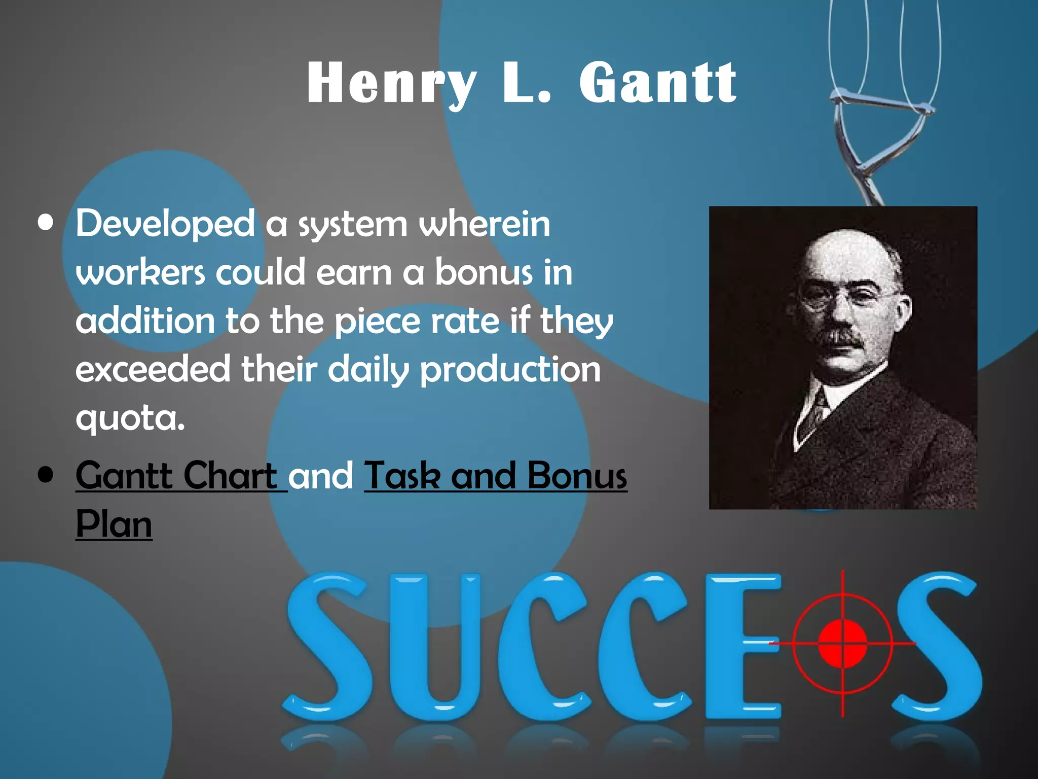 Henry L. Gantt
• Developed a system wherein
workers could earn a bonus in
addition to the piece rate if they
exceeded their daily production
quota.
• Gantt Chart and Task and Bonus
Plan
 
