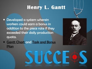 Henry L. Gantt
• Developed a system wherein
workers could earn a bonus in
addition to the piece rate if they
exceeded their daily production
quota.
• Gantt Chart and Task and Bonus
Plan
 