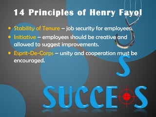 14 Principles of Henry Fayol
• Stability of Tenure – job security for employees.
• Initiative – employees should be creative and
allowed to suggest improvements.
• Esprit-De-Corps – unity and cooperation must be
encouraged.
 