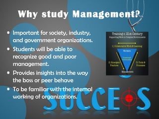 Why study Management?
• Important for society, industry,
and government organizations.
• Students will be able to
recognize good and poor
management.
• Provides insights into the way
the boss or peer behave
• To be familiar with the internal
working of organizations.
 
