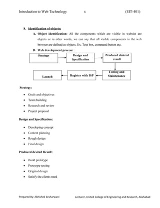 Introduction to Web Technology (EIT-401)6
Prepared By: Abhishek kesharwani Lecturer, United College of Engineering and Research, Allahabad
8. Identification of objects:
A. Object identification: All the components which are visible in website are
objects or in other words, we can say that all visible components in the web
browser are defined as objects. Ex. Text box, command button etc.
B. Web development process:
Strategy Design and
Specification
Produced desired
result
Launch Register with ISP
Testing and
Maintenance
Strategy:
Goals and objectives
Team building
Research and review
Project proposal
Design and Specification:
Developing concept
Content planning
Rough design
Final design
Produced desired Result:
Build prototype
Prototype testing
Original design
Satisfy the clients need
 