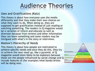 Uses and Gratifications (Katz)
This theory is about how everyone uses the media
differently and that they make their own choices on
what they want to do. When doing so, they are
supposed to get gratification instead of just reading or
watching something. The readers in Q magazine would
be a variation of inform and educate as well as
diversion because from reviews and other information
they can learn something and some readers may be
intrigued with what’s in the story or interviews.
Maslow’s Hierarchy of Needs
This theory is about how people are motivated to
achieve specific needs and once they do this, they try
to achieve the next need up, like a pyramid. of Q
magazine would more likely to be explorers because
these are the people influenced by social change and Q
include features of (for example) what bands/artists
will be doing next.
 