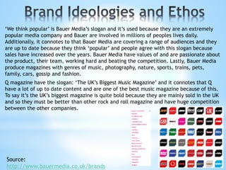 ‘We think popular’ is Bauer Media’s slogan and it’s used because they are an extremely
popular media company and Bauer are involved in millions of peoples lives daily.
Additionally, it connotes to that Bauer Media are covering a range of audiences and they
are up to date because they think ‘popular’ and people agree with this slogan because
sales have increased over the years. Bauer Media have values of and are passionate about
the product, their team, working hard and beating the competition. Lastly, Bauer Media
produce magazines with genres of music, photography, nature, sports, trains, pets,
family, cars, gossip and fashion.
Q magazine have the slogan: ‘The UK’s Biggest Music Magazine’ and it connotes that Q
have a lot of up to date content and are one of the best music magazine because of this.
To say it’s the UK’s biggest magazine is quite bold because they are mainly sold in the UK
and so they must be better than other rock and roll magazine and have huge competition
between the other companies.
Source:
http://www.bauermedia.co.uk/brands
 