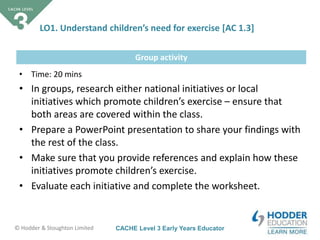 CACHE Level 3 Early Years Educator© Hodder & Stoughton Limited
Group activity
LO1. Understand children’s need for exercise [AC 1.3]
• Time: 20 mins
• In groups, research either national initiatives or local
initiatives which promote children’s exercise – ensure that
both areas are covered within the class.
• Prepare a PowerPoint presentation to share your findings with
the rest of the class.
• Make sure that you provide references and explain how these
initiatives promote children’s exercise.
• Evaluate each initiative and complete the worksheet.
 