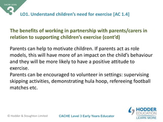 CACHE Level 3 Early Years Educator© Hodder & Stoughton Limited
LO1. Understand children’s need for exercise [AC 1.4]
Parents can help to motivate children. If parents act as role
models, this will have more of an impact on the child’s behaviour
and they will be more likely to have a positive attitude to
exercise.
Parents can be encouraged to volunteer in settings: supervising
skipping activities, demonstrating hula hoop, refereeing football
matches etc.
The benefits of working in partnership with parents/carers in
relation to supporting children’s exercise (cont’d)
 