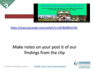 CACHE Level 3 Early Years Educator© Hodder & Stoughton Limited
Starter activity
Benefits
https://www.youtube.com/watch?v=U4T8kXRVwTM
Make notes on your post it of our
findings from the clip
 