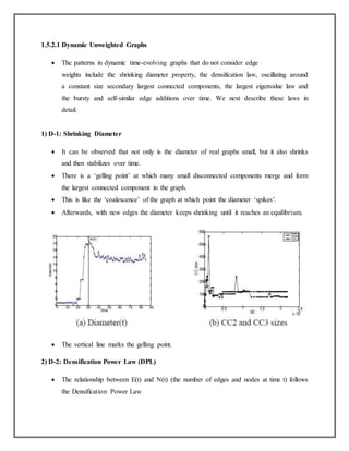 1.5.2.1 Dynamic Unweighted Graphs
 The patterns in dynamic time-evolving graphs that do not consider edge
weights include the shrinking diameter property, the densification law, oscillating around
a constant size secondary largest connected components, the largest eigenvalue law and
the bursty and self-similar edge additions over time. We next describe these laws in
detail.
1) D-1: Shrinking Diameter
 It can be observed that not only is the diameter of real graphs small, but it also shrinks
and then stabilizes over time.
 There is a ‘gelling point’ at which many small disconnected components merge and form
the largest connected component in the graph.
 This is like the ‘coalescence’ of the graph at which point the diameter ‘spikes’.
 Afterwards, with new edges the diameter keeps shrinking until it reaches an equilibrium.
 The vertical line marks the gelling point.
2) D-2: Densification Power Law (DPL)
 The relationship between E(t) and N(t) (the number of edges and nodes at time t) follows
the Densification Power Law
 
