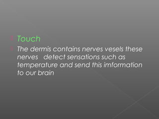  Touch
 The dermis contains nerves vesels these
nerves detect sensations such as
temperature and send this imformation
to our brain
 