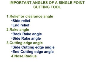 IMPORTANT ANGLES OF A SINGLE POINT
CUTTING TOOL
1.Relief or clearance angle
•Side relief
•End relief
2.Rake angle
•Back Rake angle
•Side Rake angle
3.Cutting edge angle
•Side Cutting edge angle
•End Cutting edge angle
4.Nose Radius
 