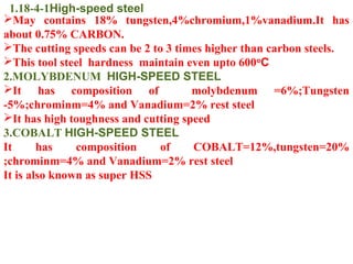1.18-4-1High-speed steel
May contains 18% tungsten,4%chromium,1%vanadium.It has
about 0.75% CARBON.
The cutting speeds can be 2 to 3 times higher than carbon steels.
This tool steel hardness maintain even upto 600o
C
2.MOLYBDENUM HIGH-SPEED STEEL
It has composition of molybdenum =6%;Tungsten
-5%;chrominm=4% and Vanadium=2% rest steel
It has high toughness and cutting speed
3.COBALT HIGH-SPEED STEEL
It has composition of COBALT=12%,tungsten=20%
;chrominm=4% and Vanadium=2% rest steel
It is also known as super HSS
 