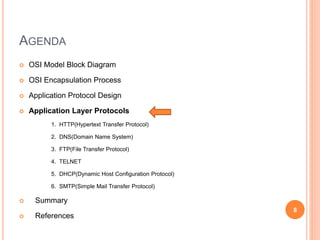 AGENDA
 OSI Model Block Diagram
 OSI Encapsulation Process
 Application Protocol Design
 Application Layer Protocols
1. HTTP(Hypertext Transfer Protocol)
2. DNS(Domain Name System)
3. FTP(File Transfer Protocol)
4. TELNET
5. DHCP(Dynamic Host Configuration Protocol)
6. SMTP(Simple Mail Transfer Protocol)
 Summary
 References
8
 