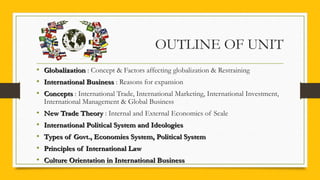 OUTLINE OF UNIT
• GlobalizationGlobalization : Concept & Factors affecting globalization & Restraining
• International BusinessInternational Business : Reasons for expansion
• ConceptsConcepts : International Trade, International Marketing, International Investment,
International Management & Global Business
• New Trade TheoryNew Trade Theory : Internal and External Economics of Scale
• International Political System and IdeologiesInternational Political System and Ideologies
• Types of Govt., Economies System, Political SystemTypes of Govt., Economies System, Political System
• Principles of International LawPrinciples of International Law
• Culture Orientation in International BusinessCulture Orientation in International Business
 