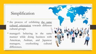 Simplification
• the process of exhibiting the same
cultural orientation towards different
cultural groups
• manager’s behaving in the same
manner while doing business with
American, Arabian, and Japanese
managers, overlooking cultural
differences.
 