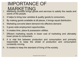 IMPORTANCE OF
MARKETING1. Marketing process brings goods and services to satisfy the needs and
wants of the people.
2. It helps to bring new varieties & quality goods to consumers.
3. By making goods available at all places, it brings equal distribution.
4. Marketing converts latent demand into effective demand.
5. It gives wide employment opportunities.
6. It creates time, place & possession utilities.
7. Efficient marketing results in lower cost of marketing and ultimately
lower prices to consumers.
8. It is vital link between production and consumption and primarily
responsible to keep the wheel of production and consumption
constantly moving.
9. It creates to keep the standard of living of the society.
Prepared by Ms. Himani R. 14
 
