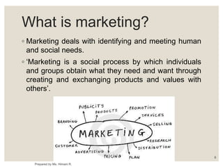 What is marketing?
◦ Marketing deals with identifying and meeting human
and social needs.
◦ ‘Marketing is a social process by which individuals
and groups obtain what they need and want through
creating and exchanging products and values with
others’.
Prepared by Ms. Himani R.
8
 