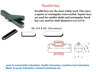 Parallel key
Parallel keys are the most widely used. They have
a square or rectangular cross-section. Square keys
are used for smaller shafts and rectangular faced
keys are used for shaft diameters over 6.5 in
SS- 410 & SS- 316 material
used in automobile industries, Textile Industries, machine tool industries,
Motor & pump Industries, Cement Industries etc
 