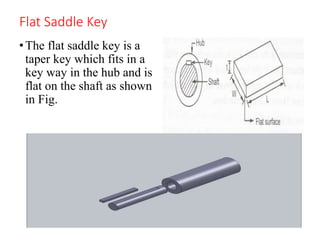 Flat Saddle Key
•The flat saddle key is a
taper key which fits in a
key way in the hub and is
flat on the shaft as shown
in Fig.
 