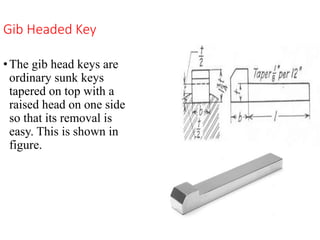 Gib Headed Key
•The gib head keys are
ordinary sunk keys
tapered on top with a
raised head on one side
so that its removal is
easy. This is shown in
figure.
 