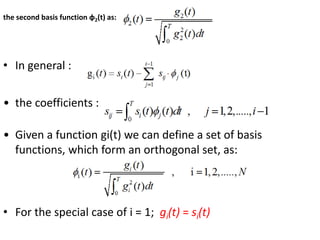 the second basis function φ2(t) as:
• In general :
• the coefficients :
• Given a function gi(t) we can define a set of basis
functions, which form an orthogonal set, as:
• For the special case of i = 1; gi(t) = si(t)
 