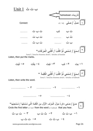 ‫ﺙ‬ ‫ﺕ‬ ‫ﺏ‬Unit 1
www.quranicarabic.wordpress.com Page 26
ْ‫ل‬‫ﺼ‬/‫ﻲ‬‫ﻠ‬‫ﺼ‬Connect sil / sily
‫ﺘﺏ‬ ‫ﺏ‬ ‫ﺕ‬
‫ﺏ‬ ‫ﺙ‬............
‫ﺕ‬ ‫ﺏ‬...........
‫ﺕ‬ ‫ﺏ‬ ‫ﺕ‬............
‫ﺕ‬ ‫ﺏ‬ ‫ﺕ‬............
‫ﺙ‬ ‫ﺏ‬ ‫ﺕ‬..........
‫ﻊ‬‫ﻤ‬‫ﺴ‬‫ﺍ‬/‫ﺏ‬‫ﹸ‬‫ﺘ‬‫ﹾ‬‫ﻜ‬‫ﺍ‬ ‫ﻡ‬‫ﹸ‬‫ﺜ‬ ‫ﻲ‬‫ﻌ‬‫ﻤ‬‫ﺴ‬‫ﺍ‬/‫ﹺﻲ‬‫ﺒ‬‫ﹸ‬‫ﺘ‬‫ﹾ‬‫ﻜ‬‫ﹸ‬‫ﺍ‬‫ﹶ‬‫ﻜ‬‫ﺭ‬‫ﺤ‬‫ﹾ‬‫ﻝ‬‫ﺍ‬‫ﺕ‬‫ﺎ‬*
Isma3 / Isma3ee thumma uktub / uktubee al-harakãt
Listen, then put the marks.
١-‫ﺒﺕ‬٢-‫ﺘﺏ‬٣-‫ﺘﺒﺕ‬٤-‫ﺒﺜﺕ‬٥-‫ﺜﺒﺕ‬
‫ﻊ‬‫ﻤ‬‫ﺴ‬‫ﺍ‬/‫ﺏ‬‫ﹸ‬‫ﺘ‬‫ﹾ‬‫ﻜ‬‫ﺍ‬ ‫ﻡ‬‫ﹸ‬‫ﺜ‬ ‫ﻲ‬‫ﻌ‬‫ﻤ‬‫ﺴ‬‫ﺍ‬/‫ﹺﻲ‬‫ﺒ‬‫ﹸ‬‫ﺘ‬‫ﹾ‬‫ﻜ‬‫ﹸ‬‫ﺍ‬‫ﹶ‬‫ﺔ‬‫ﻤ‬‫ﻠ‬‫ﹶ‬‫ﻜ‬‫ﹾ‬‫ﻝ‬‫ﺍ‬*
Isma3 / Isma3ee thumma uktub / uktubee al-kalimah
Listen, then write the word.
١-......................٢-........................٣-........................
٤-........................٥-......................
‫ﻊ‬‫ﻀ‬/‫ﻌﻲ‬‫ﻀ‬َ‫ل‬‫ﻭ‬‫ﺤ‬ ‫ﹰ‬‫ﺓ‬‫ِﺭ‬‫ﺌ‬‫ﺩﺍ‬‫ﻠ‬‫ﹶ‬‫ﻜ‬‫ﹾ‬‫ﻝ‬‫ﺍ‬ ‫ﻥ‬‫ﻤ‬ ‫ل‬‫ﻭ‬َ‫ﻷ‬‫ﺍ‬ ‫ﻑ‬‫ﺭ‬‫ﺤ‬‫ﹾ‬‫ﻝ‬‫ﺍ‬‫ﺔ‬‫ﻤ‬‫ﻬ‬‫ﻌ‬‫ﻤ‬‫ﺴ‬‫ﹶ‬‫ﺘ‬ ‫ﱠﺘﻲ‬‫ﻝ‬‫ﺍ‬‫ﺎ‬/‫ﹶﻬﺎ‬‫ﻨ‬‫ﻌﻴ‬‫ﻤ‬‫ﺴ‬‫ﹶ‬‫ﺘ‬*
Circle the first letter al- harf from the word al- kalimah that you hear.
١-‫ﺙ‬ ‫ﺕ‬ ‫ﺏ‬٢-‫ﺏ‬ ‫ﺕ‬ ‫ﺙ‬٣-‫ﺙ‬ ‫ﺏ‬ ‫ﺕ‬
٤-‫ﺕ‬ ‫ﺙ‬ ‫ﺏ‬٥-‫ﺏ‬ ‫ﺙ‬ ‫ﺕ‬
٢
٣
٤
١
ِ‫ﹺ‬‫ﺭ‬‫ﺩ‬‫ﹶ‬‫ﺘ‬‫ﻴﺒﺎﺕ‬Tadreebaat
 