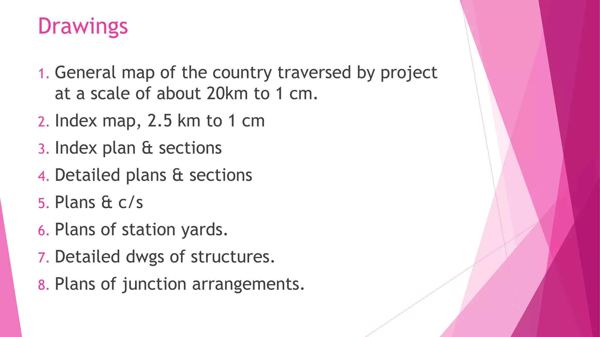 Drawings
1. General map of the country traversed by project
at a scale of about 20km to 1 cm.
2. Index map, 2.5 km to 1 cm
3. Index plan & sections
4. Detailed plans & sections
5. Plans & c/s
6. Plans of station yards.
7. Detailed dwgs of structures.
8. Plans of junction arrangements.
 