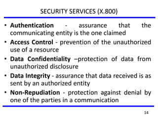 SECURITY SERVICES (X.800)
• Authentication - assurance that the
communicating entity is the one claimed
• Access Control - prevention of the unauthorized
use of a resource
• Data Confidentiality –protection of data from
unauthorized disclosure
• Data Integrity - assurance that data received is as
sent by an authorized entity
• Non-Repudiation - protection against denial by
one of the parties in a communication
14
 