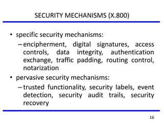 SECURITY MECHANISMS (X.800)
• specific security mechanisms:
–encipherment, digital signatures, access
controls, data integrity, authentication
exchange, traffic padding, routing control,
notarization
• pervasive security mechanisms:
–trusted functionality, security labels, event
detection, security audit trails, security
recovery
16
 