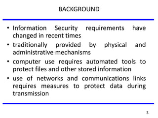 BACKGROUND
• Information Security requirements have
changed in recent times
• traditionally provided by physical and
administrative mechanisms
• computer use requires automated tools to
protect files and other stored information
• use of networks and communications links
requires measures to protect data during
transmission
3
 