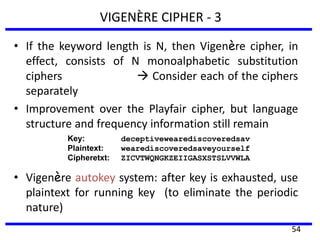VIGENÈRE CIPHER - 3
• If the keyword length is N, then Vigenère cipher, in
effect, consists of N monoalphabetic substitution
ciphers  Consider each of the ciphers
separately
• Improvement over the Playfair cipher, but language
structure and frequency information still remain
• Vigenère autokey system: after key is exhausted, use
plaintext for running key (to eliminate the periodic
nature)
Key: deceptivewearediscoveredsav
Plaintext: wearediscoveredsaveyourself
Cipheretxt: ZICVTWQNGKZEIIGASXSTSLVVWLA
54
 