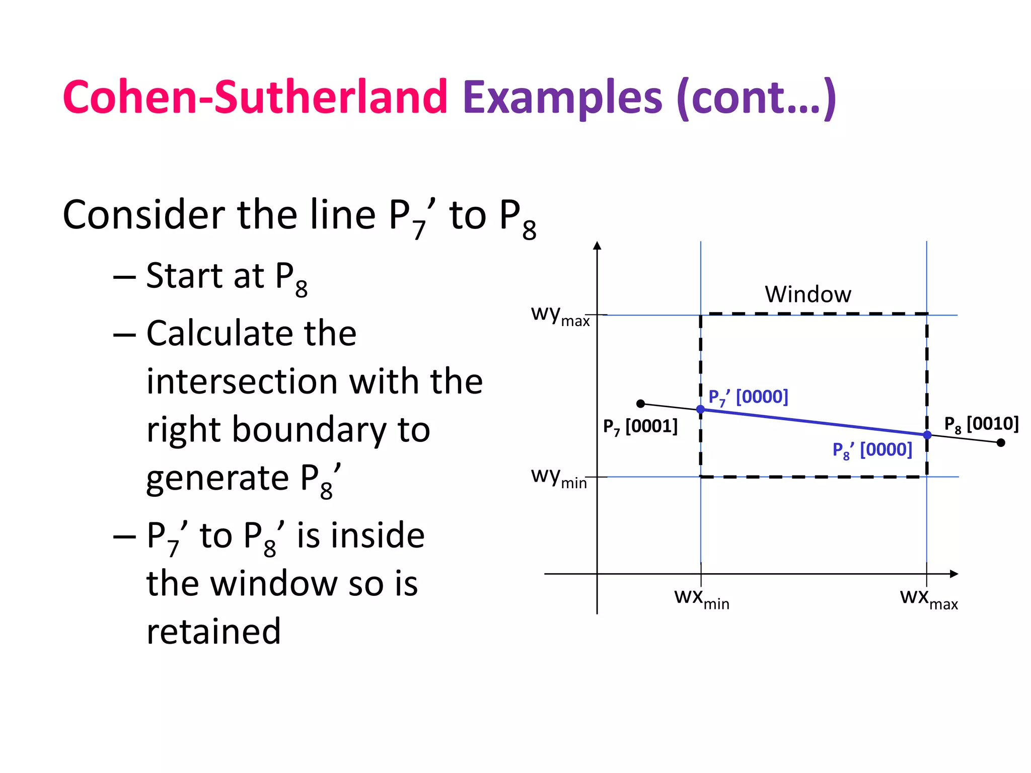 Cohen-Sutherland Examples (cont…)
Consider the line P7’ to P8
– Start at P8
– Calculate the
intersection with the
right boundary to
generate P8’
– P7’ to P8’ is inside
the window so is
retained
wymax
wymin
wxmin wxmax
Window
P7’ [0000]
P7 [0001] P8 [0010]
P8’ [0000]
 