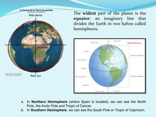 The widest part of the planet is the
equator: an imaginary line that
divides the Earth in two halves called
hemispheres.
a. In Northern Hemisphere (where Spain is located), we can see the North
Pole, the Arctic Pole and Tropic of Cancer.
b. In Southern Hemisphere, we can see the South Pole or Tropic of Capricorn.
 