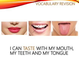 VOCABULARY REVISION
I CAN TASTE WITH MY MOUTH,
MY TEETH AND MY TONGUE
 