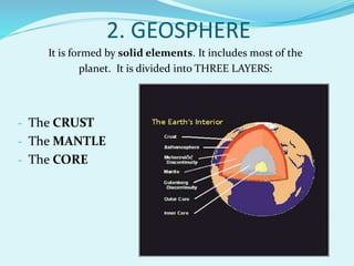 2. GEOSPHERE
It is formed by solid elements. It includes most of the
planet. It is divided into THREE LAYERS:
- The CRUST
- The MANTLE
- The CORE
 