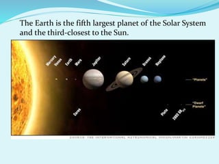 The Earth is the fifth largest planet of the Solar System
and the third-closest to the Sun.
 