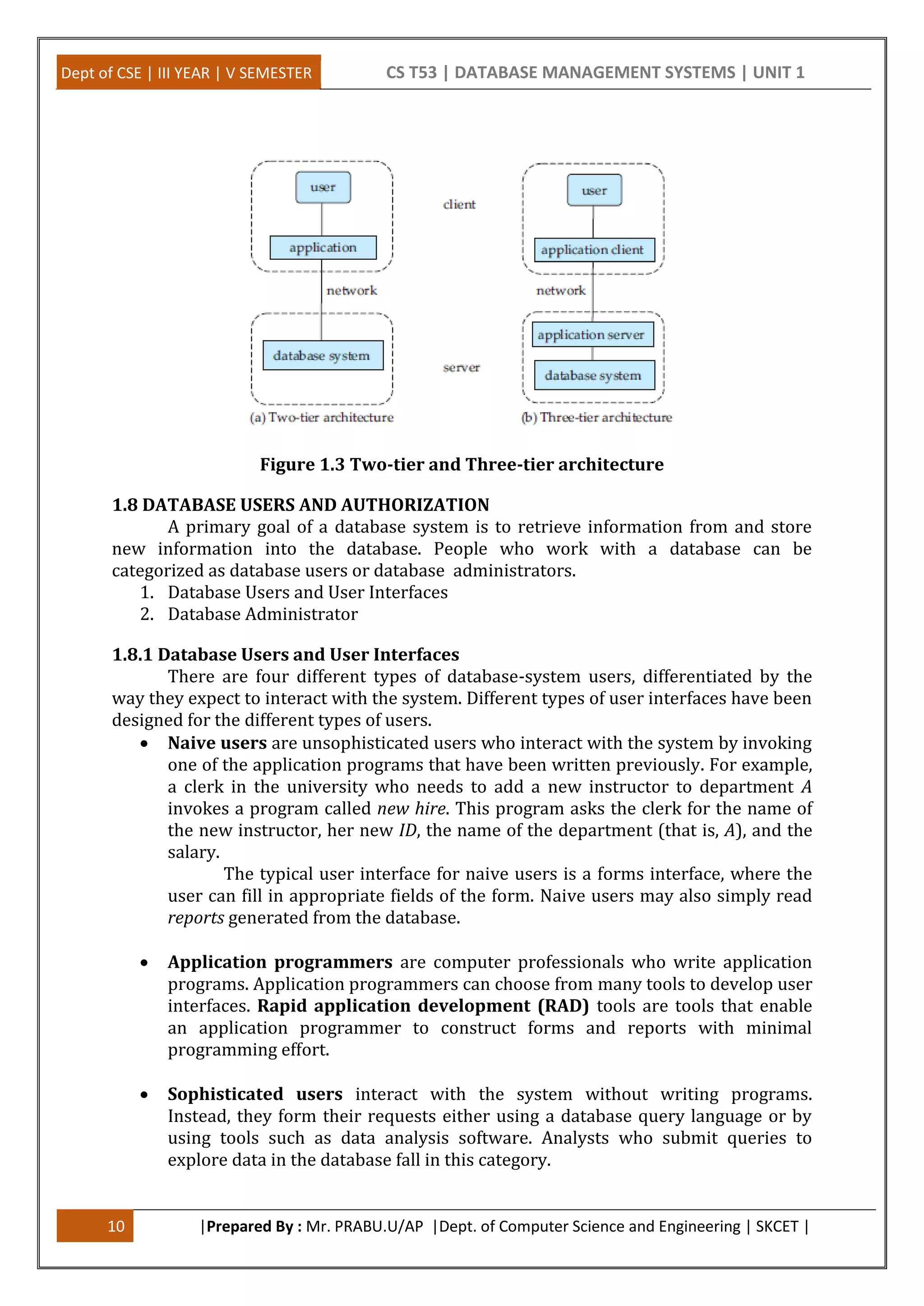 Dept of CSE | III YEAR | V SEMESTER CS T53 | DATABASE MANAGEMENT SYSTEMS | UNIT 1
10 |Prepared By : Mr. PRABU.U/AP |Dept. of Computer Science and Engineering | SKCET |
Figure 1.3 Two-tier and Three-tier architecture
1.8 DATABASE USERS AND AUTHORIZATION
A primary goal of a database system is to retrieve information from and store
new information into the database. People who work with a database can be
categorized as database users or database administrators.
1. Database Users and User Interfaces
2. Database Administrator
1.8.1 Database Users and User Interfaces
There are four different types of database-system users, differentiated by the
way they expect to interact with the system. Different types of user interfaces have been
designed for the different types of users.
 Naive users are unsophisticated users who interact with the system by invoking
one of the application programs that have been written previously. For example,
a clerk in the university who needs to add a new instructor to department A
invokes a program called new hire. This program asks the clerk for the name of
the new instructor, her new ID, the name of the department (that is, A), and the
salary.
The typical user interface for naive users is a forms interface, where the
user can fill in appropriate fields of the form. Naive users may also simply read
reports generated from the database.
 Application programmers are computer professionals who write application
programs. Application programmers can choose from many tools to develop user
interfaces. Rapid application development (RAD) tools are tools that enable
an application programmer to construct forms and reports with minimal
programming effort.
 Sophisticated users interact with the system without writing programs.
Instead, they form their requests either using a database query language or by
using tools such as data analysis software. Analysts who submit queries to
explore data in the database fall in this category.
 