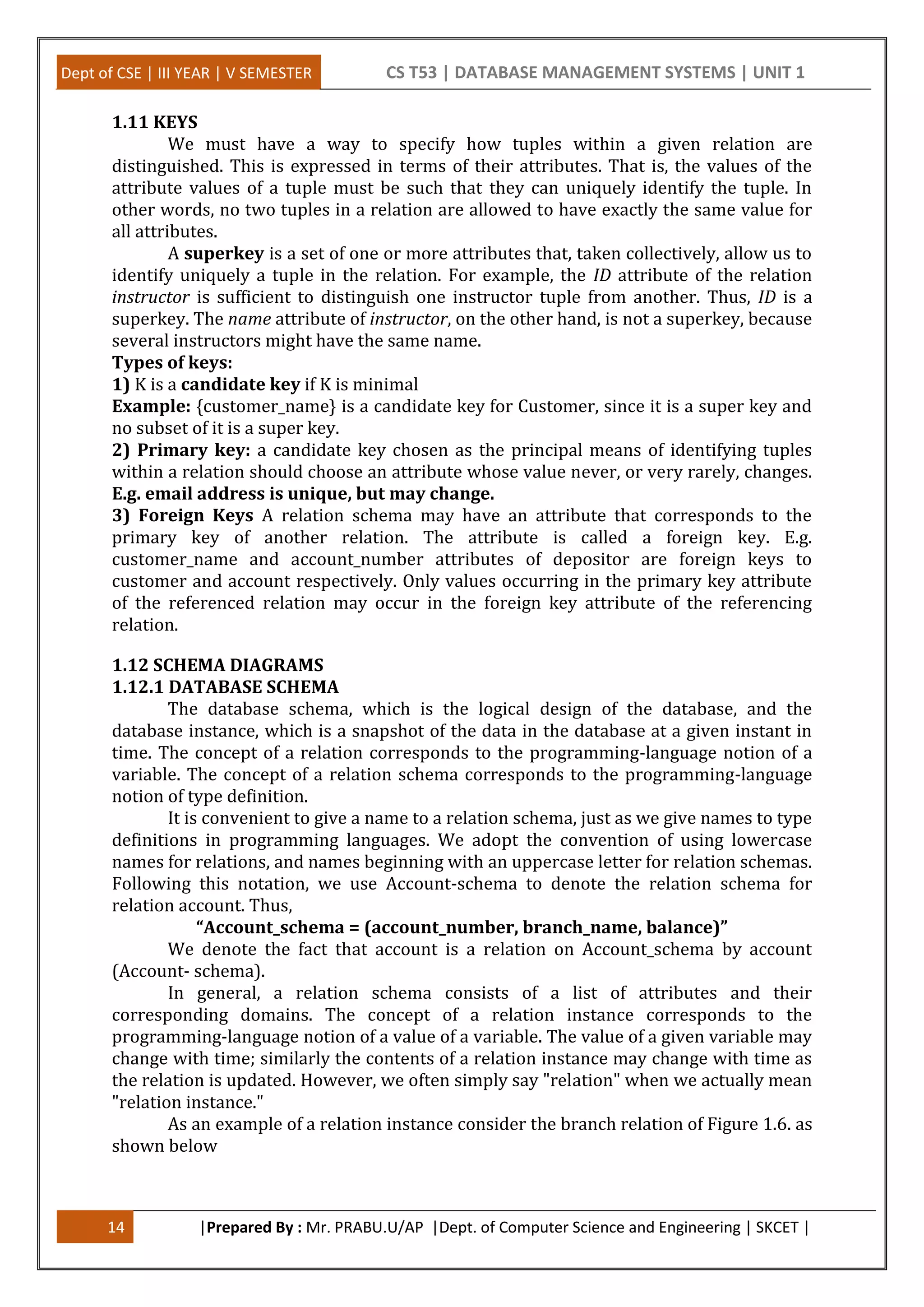 Dept of CSE | III YEAR | V SEMESTER CS T53 | DATABASE MANAGEMENT SYSTEMS | UNIT 1
14 |Prepared By : Mr. PRABU.U/AP |Dept. of Computer Science and Engineering | SKCET |
1.11 KEYS
We must have a way to specify how tuples within a given relation are
distinguished. This is expressed in terms of their attributes. That is, the values of the
attribute values of a tuple must be such that they can uniquely identify the tuple. In
other words, no two tuples in a relation are allowed to have exactly the same value for
all attributes.
A superkey is a set of one or more attributes that, taken collectively, allow us to
identify uniquely a tuple in the relation. For example, the ID attribute of the relation
instructor is sufficient to distinguish one instructor tuple from another. Thus, ID is a
superkey. The name attribute of instructor, on the other hand, is not a superkey, because
several instructors might have the same name.
Types of keys:
1) K is a candidate key if K is minimal
Example: {customer_name} is a candidate key for Customer, since it is a super key and
no subset of it is a super key.
2) Primary key: a candidate key chosen as the principal means of identifying tuples
within a relation should choose an attribute whose value never, or very rarely, changes.
E.g. email address is unique, but may change.
3) Foreign Keys A relation schema may have an attribute that corresponds to the
primary key of another relation. The attribute is called a foreign key. E.g.
customer_name and account_number attributes of depositor are foreign keys to
customer and account respectively. Only values occurring in the primary key attribute
of the referenced relation may occur in the foreign key attribute of the referencing
relation.
1.12 SCHEMA DIAGRAMS
1.12.1 DATABASE SCHEMA
The database schema, which is the logical design of the database, and the
database instance, which is a snapshot of the data in the database at a given instant in
time. The concept of a relation corresponds to the programming-language notion of a
variable. The concept of a relation schema corresponds to the programming-language
notion of type definition.
It is convenient to give a name to a relation schema, just as we give names to type
definitions in programming languages. We adopt the convention of using lowercase
names for relations, and names beginning with an uppercase letter for relation schemas.
Following this notation, we use Account-schema to denote the relation schema for
relation account. Thus,
“Account_schema = (account_number, branch_name, balance)”
We denote the fact that account is a relation on Account_schema by account
(Account- schema).
In general, a relation schema consists of a list of attributes and their
corresponding domains. The concept of a relation instance corresponds to the
programming-language notion of a value of a variable. The value of a given variable may
change with time; similarly the contents of a relation instance may change with time as
the relation is updated. However, we often simply say "relation" when we actually mean
"relation instance."
As an example of a relation instance consider the branch relation of Figure 1.6. as
shown below
 