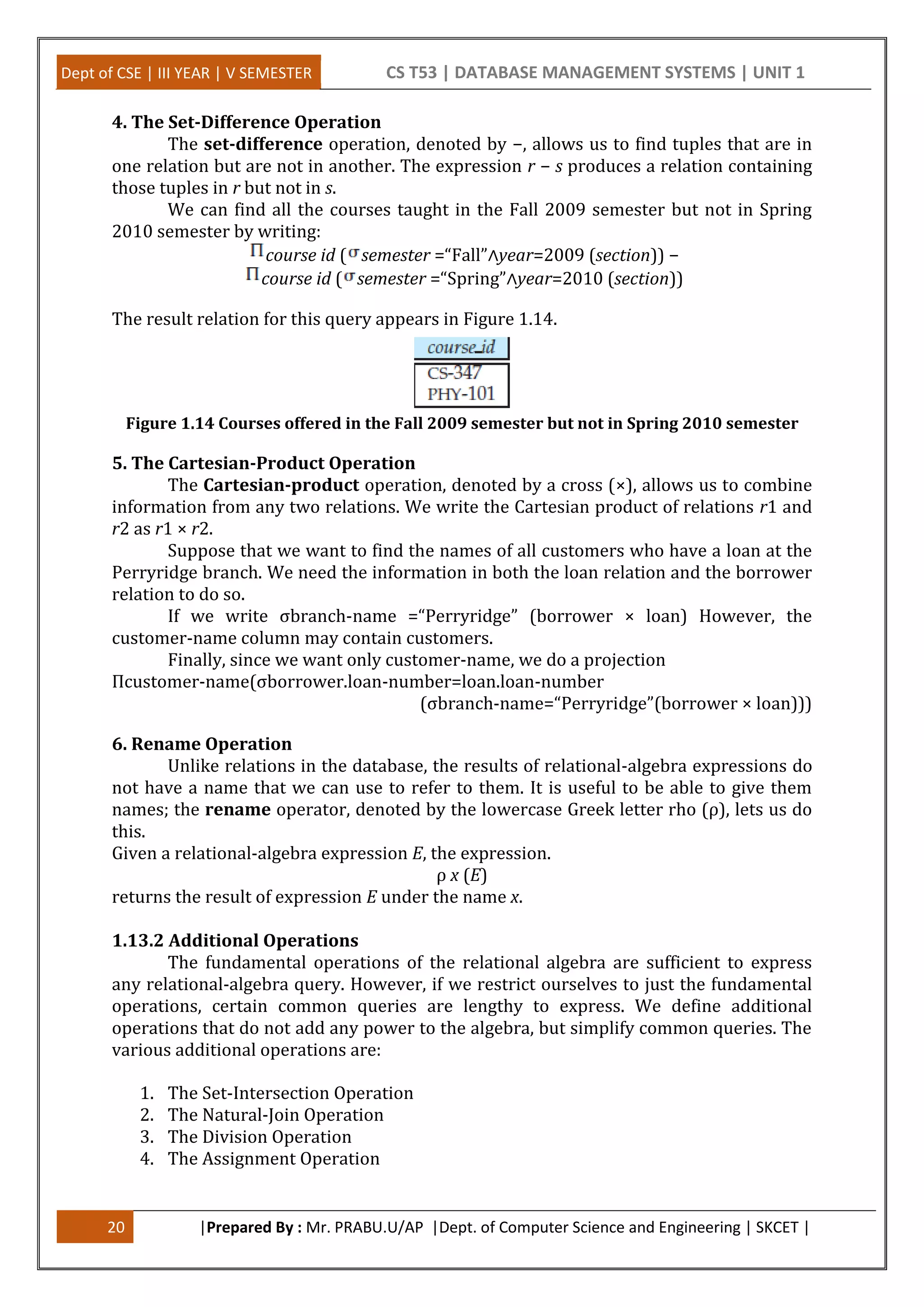 Dept of CSE | III YEAR | V SEMESTER CS T53 | DATABASE MANAGEMENT SYSTEMS | UNIT 1
20 |Prepared By : Mr. PRABU.U/AP |Dept. of Computer Science and Engineering | SKCET |
4. The Set-Difference Operation
The set-difference operation, denoted by −, allows us to find tuples that are in
one relation but are not in another. The expression r − s produces a relation containing
those tuples in r but not in s.
We can find all the courses taught in the Fall 2009 semester but not in Spring
2010 semester by writing:
course id ( semester =“Fall”∧year=2009 (section)) −
course id ( semester =“Spring”∧year=2010 (section))
The result relation for this query appears in Figure 1.14.
Figure 1.14 Courses offered in the Fall 2009 semester but not in Spring 2010 semester
5. The Cartesian-Product Operation
The Cartesian-product operation, denoted by a cross (×), allows us to combine
information from any two relations. We write the Cartesian product of relations r1 and
r2 as r1 × r2.
Suppose that we want to find the names of all customers who have a loan at the
Perryridge branch. We need the information in both the loan relation and the borrower
relation to do so.
If we write σbranch-name =“Perryridge” (borrower × loan) However, the
customer-name column may contain customers.
Finally, since we want only customer-name, we do a projection
Πcustomer-name(σborrower.loan-number=loan.loan-number
(σbranch-name=“Perryridge”(borrower × loan)))
6. Rename Operation
Unlike relations in the database, the results of relational-algebra expressions do
not have a name that we can use to refer to them. It is useful to be able to give them
names; the rename operator, denoted by the lowercase Greek letter rho (ρ), lets us do
this.
Given a relational-algebra expression E, the expression.
ρ x (E)
returns the result of expression E under the name x.
1.13.2 Additional Operations
The fundamental operations of the relational algebra are sufficient to express
any relational-algebra query. However, if we restrict ourselves to just the fundamental
operations, certain common queries are lengthy to express. We define additional
operations that do not add any power to the algebra, but simplify common queries. The
various additional operations are:
1. The Set-Intersection Operation
2. The Natural-Join Operation
3. The Division Operation
4. The Assignment Operation
 