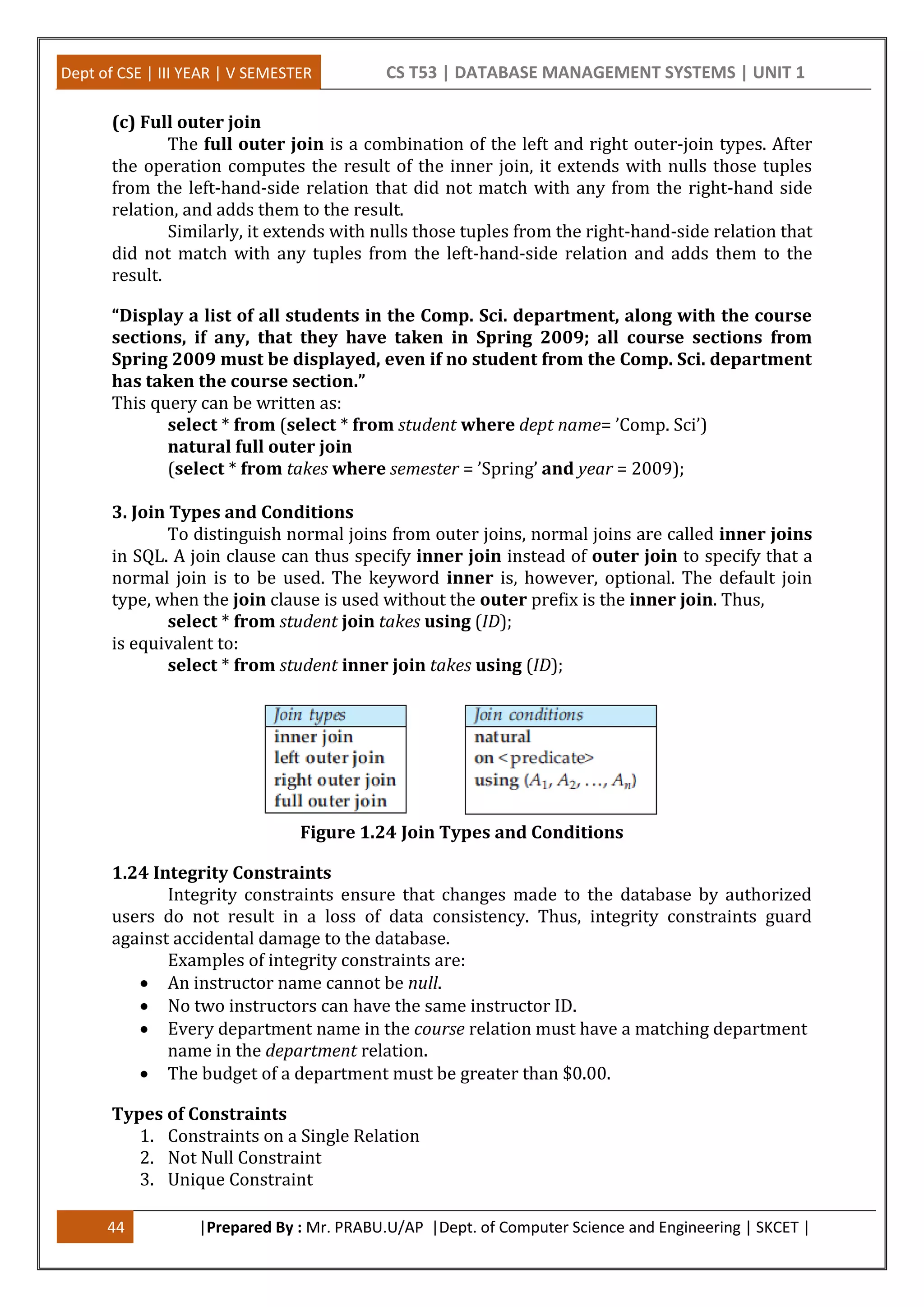 Dept of CSE | III YEAR | V SEMESTER CS T53 | DATABASE MANAGEMENT SYSTEMS | UNIT 1
44 |Prepared By : Mr. PRABU.U/AP |Dept. of Computer Science and Engineering | SKCET |
(c) Full outer join
The full outer join is a combination of the left and right outer-join types. After
the operation computes the result of the inner join, it extends with nulls those tuples
from the left-hand-side relation that did not match with any from the right-hand side
relation, and adds them to the result.
Similarly, it extends with nulls those tuples from the right-hand-side relation that
did not match with any tuples from the left-hand-side relation and adds them to the
result.
“Display a list of all students in the Comp. Sci. department, along with the course
sections, if any, that they have taken in Spring 2009; all course sections from
Spring 2009 must be displayed, even if no student from the Comp. Sci. department
has taken the course section.”
This query can be written as:
select * from (select * from student where dept name= ’Comp. Sci’)
natural full outer join
(select * from takes where semester = ’Spring’ and year = 2009);
3. Join Types and Conditions
To distinguish normal joins from outer joins, normal joins are called inner joins
in SQL. A join clause can thus specify inner join instead of outer join to specify that a
normal join is to be used. The keyword inner is, however, optional. The default join
type, when the join clause is used without the outer prefix is the inner join. Thus,
select * from student join takes using (ID);
is equivalent to:
select * from student inner join takes using (ID);
Figure 1.24 Join Types and Conditions
1.24 Integrity Constraints
Integrity constraints ensure that changes made to the database by authorized
users do not result in a loss of data consistency. Thus, integrity constraints guard
against accidental damage to the database.
Examples of integrity constraints are:
 An instructor name cannot be null.
 No two instructors can have the same instructor ID.
 Every department name in the course relation must have a matching department
name in the department relation.
 The budget of a department must be greater than $0.00.
Types of Constraints
1. Constraints on a Single Relation
2. Not Null Constraint
3. Unique Constraint
 