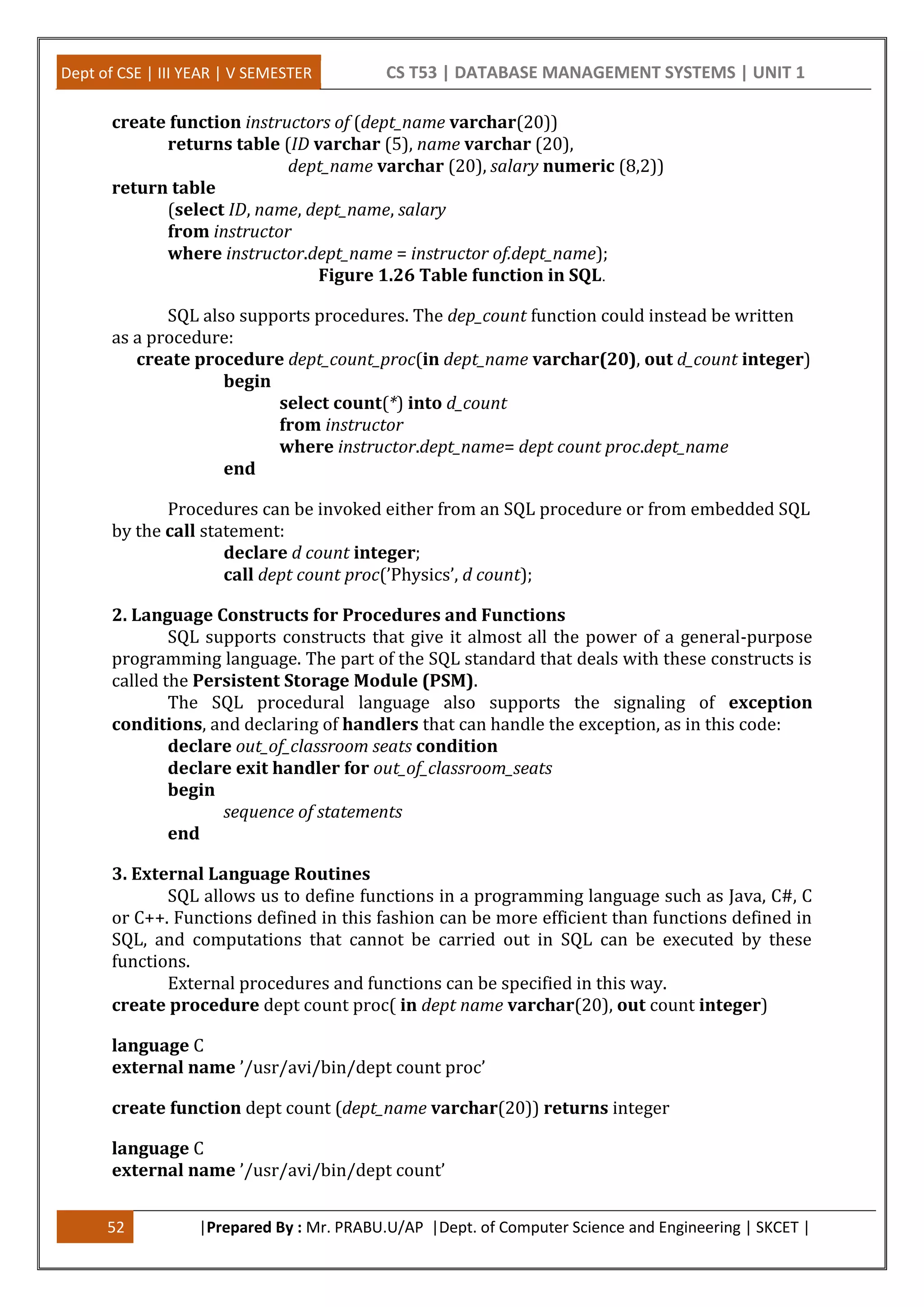 Dept of CSE | III YEAR | V SEMESTER CS T53 | DATABASE MANAGEMENT SYSTEMS | UNIT 1
52 |Prepared By : Mr. PRABU.U/AP |Dept. of Computer Science and Engineering | SKCET |
create function instructors of (dept_name varchar(20))
returns table (ID varchar (5), name varchar (20),
dept_name varchar (20), salary numeric (8,2))
return table
(select ID, name, dept_name, salary
from instructor
where instructor.dept_name = instructor of.dept_name);
Figure 1.26 Table function in SQL.
SQL also supports procedures. The dep_count function could instead be written
as a procedure:
create procedure dept_count_proc(in dept_name varchar(20), out d_count integer)
begin
select count(*) into d_count
from instructor
where instructor.dept_name= dept count proc.dept_name
end
Procedures can be invoked either from an SQL procedure or from embedded SQL
by the call statement:
declare d count integer;
call dept count proc(’Physics’, d count);
2. Language Constructs for Procedures and Functions
SQL supports constructs that give it almost all the power of a general-purpose
programming language. The part of the SQL standard that deals with these constructs is
called the Persistent Storage Module (PSM).
The SQL procedural language also supports the signaling of exception
conditions, and declaring of handlers that can handle the exception, as in this code:
declare out_of_classroom seats condition
declare exit handler for out_of_classroom_seats
begin
sequence of statements
end
3. External Language Routines
SQL allows us to define functions in a programming language such as Java, C#, C
or C++. Functions defined in this fashion can be more efficient than functions defined in
SQL, and computations that cannot be carried out in SQL can be executed by these
functions.
External procedures and functions can be specified in this way.
create procedure dept count proc( in dept name varchar(20), out count integer)
language C
external name ’/usr/avi/bin/dept count proc’
create function dept count (dept_name varchar(20)) returns integer
language C
external name ’/usr/avi/bin/dept count’
 