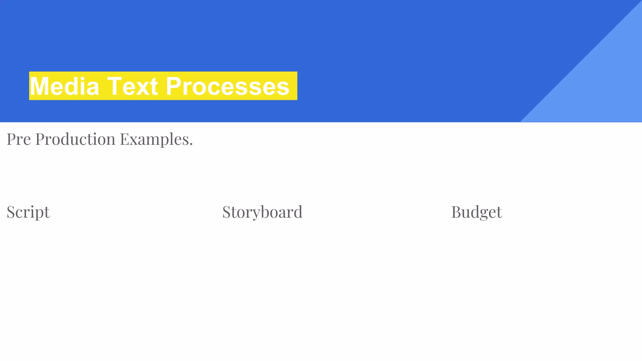 Media Text Processes
Pre Production Examples.
Script Storyboard Budget
 