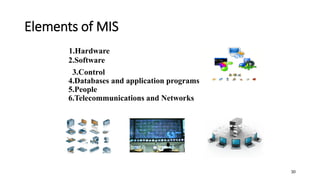Elements of MIS
1.Hardware
2.Software
3.Control
4.Databases and application programs
5.People
6.Telecommunications and Networks
30
 