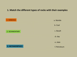 1. Match the different types of rocks with their examples
1. IGNEOUS
2. SEDIMENTARY
3. METAMORPHICS
a. Marble
b. Coal
c. Basalt
d. clay
e. slate
f. Petroleum
 