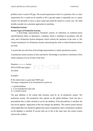 CS6659-ARTIFICIAL INTELLIGENCE VI SEM CSE
problem water is used to fill jugs. The second requirement is that it is systematic, this is a clear
requirement for it would not be sensible to fill a jug and empty it repeatedly nor in a game
would it be advisable to move a piece round and round the board in a cyclic way. We shall
initially consider two systematic approaches to searching.
Production Systems
System Types of Production Systems.
A Knowledge representation formalism consists of collections of condition-action
rules(Production Rules or Operators), a database which is modified in accordance with the
rules, and a Production System Interpreter which controls the operation of the rules i.e The
'control mechanism' of a Production System, determining the order in which Production Rules
are fired.
A system that uses this form of knowledge representation is called a production system.
A production system consists of rules and factors. Knowledge is encoded in a declarative from
which comprises of a set of rules of the form
Situation ------------ Action
SITUATION that implies
ACTION.
Example:-
IF the initial state is a goal state THEN quit.
The major components of an AI production system are
i. A global database
ii. A set of production rules and
iii. A control system
The goal database is the central data structure used by an AI production system. The
production system. The production rules operate on the global database. Each rule has a
precondition that is either satisfied or not by the database. If the precondition is satisfied, the
rule can be applied. Application of the rule changes the database. The control system chooses
which applicable rule should be applied and ceases computation when a termination condition
on the database is satisfied. If several rules are to fire at the same time, the control system
resolves the conflicts.
PIT-CSE
 