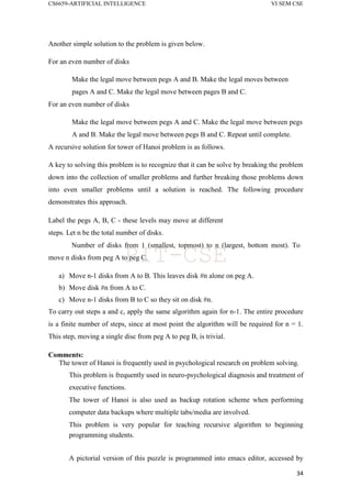CS6659-ARTIFICIAL INTELLIGENCE VI SEM CSE
34
Another simple solution to the problem is given below.
For an even number of disks
Make the legal move between pegs A and B. Make the legal moves between
pages A and C. Make the legal move between pages B and C.
For an even number of disks
Make the legal move between pegs A and C. Make the legal move between pegs
A and B. Make the legal move between pegs B and C. Repeat until complete.
A recursive solution for tower of Hanoi problem is as follows.
A key to solving this problem is to recognize that it can be solve by breaking the problem
down into the collection of smaller problems and further breaking those problems down
into even smaller problems until a solution is reached. The following procedure
demonstrates this approach.
Label the pegs A, B, C - these levels may move at different
steps. Let n be the total number of disks.
Number of disks from 1 (smallest, topmost) to n (largest, bottom most). To
move n disks from peg A to peg C.
a) Move n-1 disks from A to B. This leaves disk #n alone on peg A.
b) Move disk #n from A to C.
c) Move n-1 disks from B to C so they sit on disk #n.
To carry out steps a and c, apply the same algorithm again for n-1. The entire procedure
is a finite number of steps, since at most point the algorithm will be required for n = 1.
This step, moving a single disc from peg A to peg B, is trivial.
Comments:
The tower of Hanoi is frequently used in psychological research on problem solving.
This problem is frequently used in neuro-psychological diagnosis and treatment of
executive functions.
The tower of Hanoi is also used as backup rotation scheme when performing
computer data backups where multiple tabs/media are involved.
This problem is very popular for teaching recursive algorithm to beginning
programming students.
A pictorial version of this puzzle is programmed into emacs editor, accessed by
PIT-CSE
 