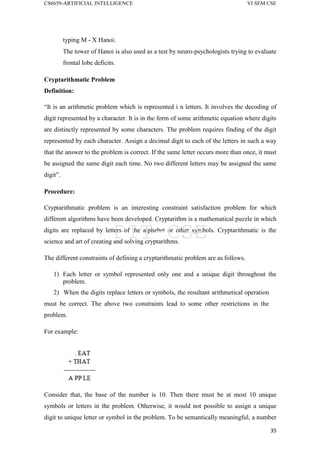CS6659-ARTIFICIAL INTELLIGENCE VI SEM CSE
35
typing M - X Hanoi.
The tower of Hanoi is also used as a test by neuro-psychologists trying to evaluate
frontal lobe deficits.
Cryptarithmatic Problem
Definition:
“It is an arithmetic problem which is represented i n letters. It involves the decoding of
digit represented by a character. It is in the form of some arithmetic equation where digits
are distinctly represented by some characters. The problem requires finding of the digit
represented by each character. Assign a decimal digit to each of the letters in such a way
that the answer to the problem is correct. If the same letter occurs more than once, it must
be assigned the same digit each time. No two different letters may be assigned the same
digit”.
Procedure:
Cryptarithmatic problem is an interesting constraint satisfaction problem for which
different algorithms have been developed. Cryptarithm is a mathematical puzzle in which
digits are replaced by letters of the alphabet or other symbols. Cryptarithmatic is the
science and art of creating and solving cryptarithms.
The different constraints of defining a cryptarithmatic problem are as follows.
1) Each letter or symbol represented only one and a unique digit throughout the
problem.
2) When the digits replace letters or symbols, the resultant arithmetical operation
must be correct. The above two constraints lead to some other restrictions in the
problem.
For example:
Consider that, the base of the number is 10. Then there must be at most 10 unique
symbols or letters in the problem. Otherwise, it would not possible to assign a unique
digit to unique letter or symbol in the problem. To be semantically meaningful, a number
PIT-CSE
 