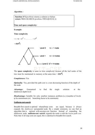 CS6659-ARTIFICIAL INTELLIGENCE VI SEM CSE
39
Algorithm :
function BFS{problem) returns a solution or failure
return TREE-SEARCH (problem, FIFO-QUEUE( ))
Time and space complexity:
Example:
Time complexity
= 1 +b + b2 + . . . . . . . + bd
= O(bd)
The space complexity is same as time complexity because all the leaf nodes of the
tree must be maintained in memory at the same time = O(bd)
Completeness: Yes
Optimality: Yes, provided the path cost is a non decreasing function of the depth of
the node
Advantage: Guaranteed to find the single solution at the
shallowest depth level
Disadvantage: Suitable for only smallest instances problem (i.e.) (number of levels
to be mininimum (or) branching factor to be minimum)
'
Uniform-cost search
Breadth-first search is optimal whenallstep costs are equal, because it always
expands the shallowest unexpanded node. By a simple extension, we can find an
algorithm that is optimal with anystep cost function. Instead of expanding the
shallowest node, uniform-cost search expands the node n with the lowest path cost.
Note that if all step costs are equal, this is identical to breadth-first search.
PIT-CSE
 